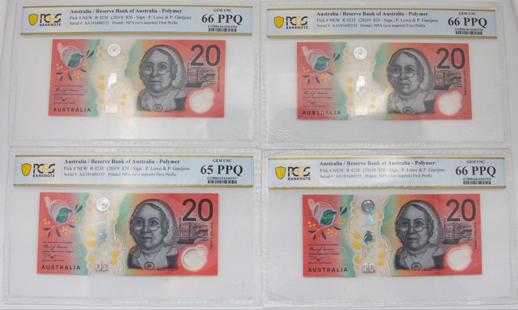 112 · R. 423F, RBA, Polymer, Consecutive Run of 4, Sign.: P. Lowe & P. Gaetjens, First Prefix, Twenty Dollar, 2013, PCGS - Gem UNC 66 PPQ