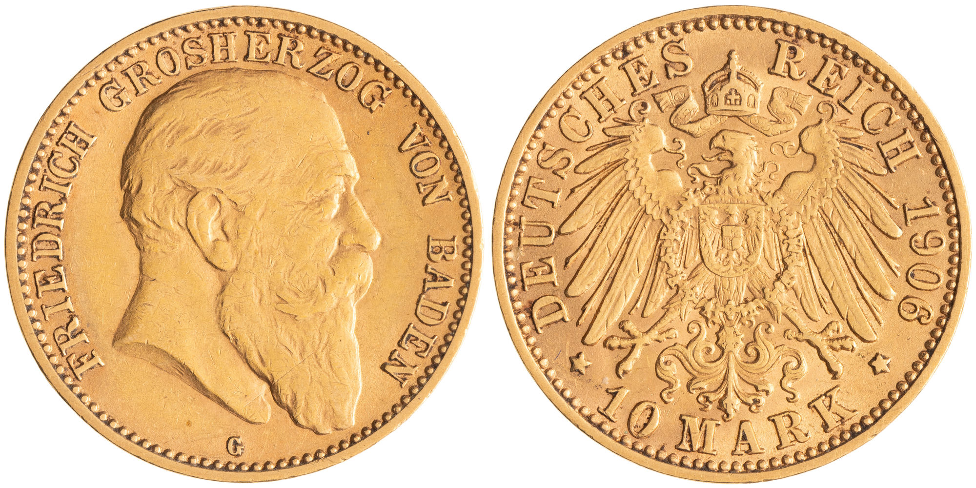 German States, Friedrich I, Grand Duchy of Baden, Ten Mark, 1906, gF