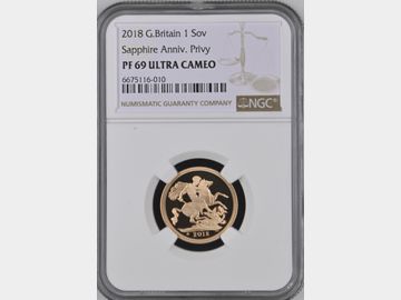 2018 PROOF GOLD SOVEREIGN SAPPHIRE ANNIVERSARY PF69 UCAM