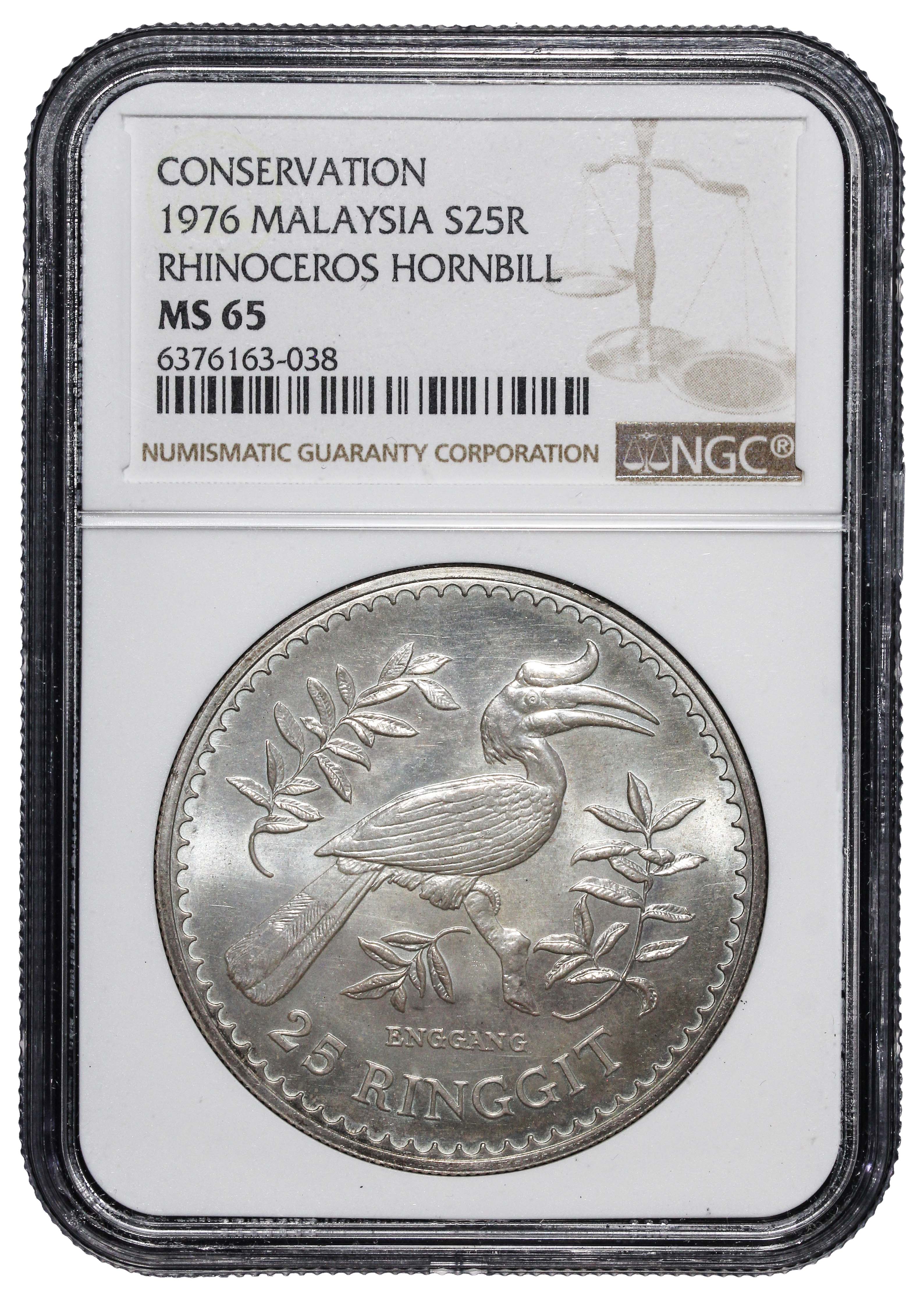Malaysia, 1976, 25 Ringgit, Conservation (Hornbill), Silver, NGC