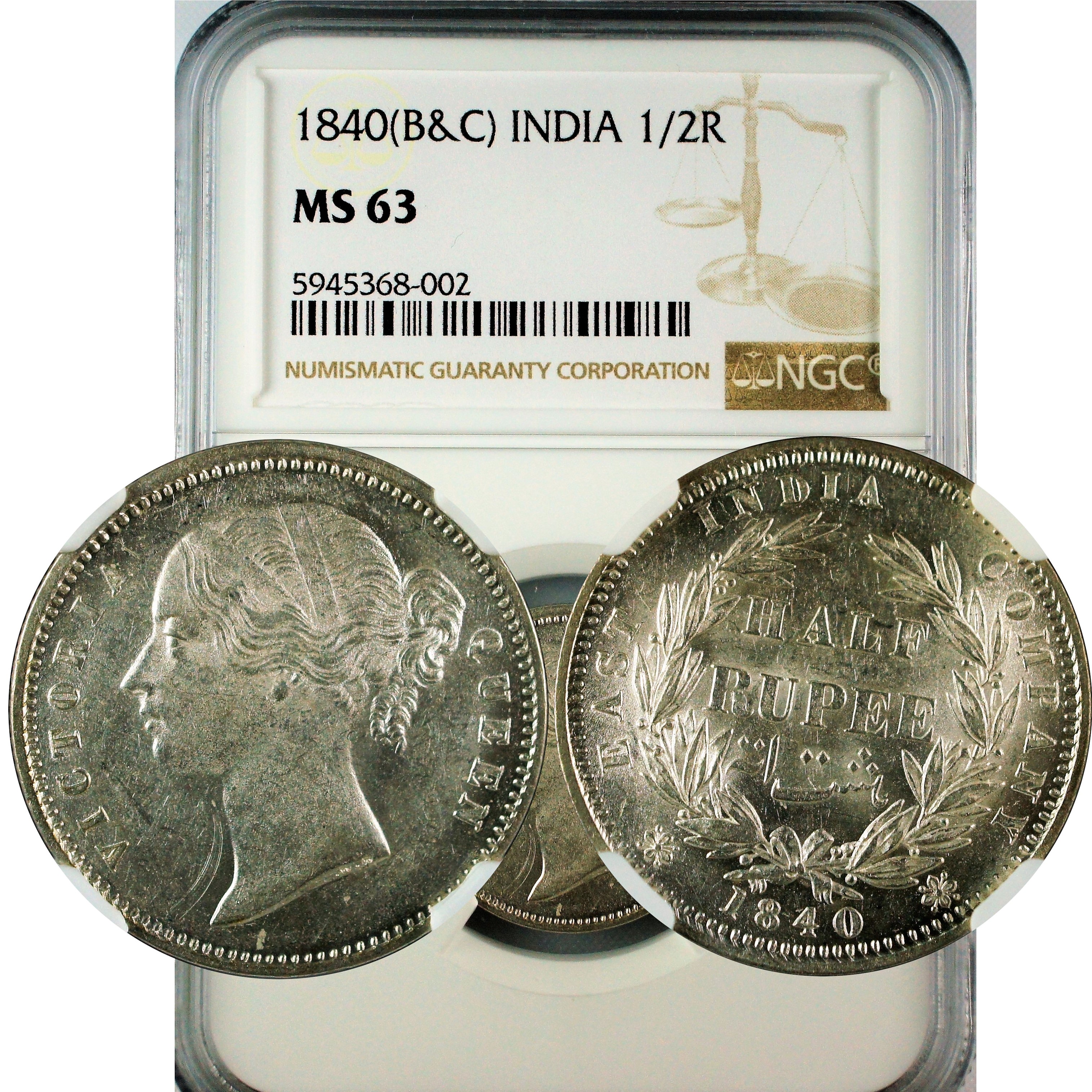 India 1840 B&C 1/2 Rupee DL NGC MS63