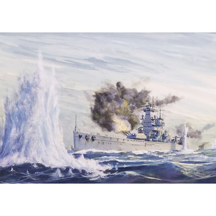Al Helner 'The Graf Spee Divides Her Fire; December 13, 1939' Gouache Naval Battle Scene Painting. Framed. Image measures 12x17''