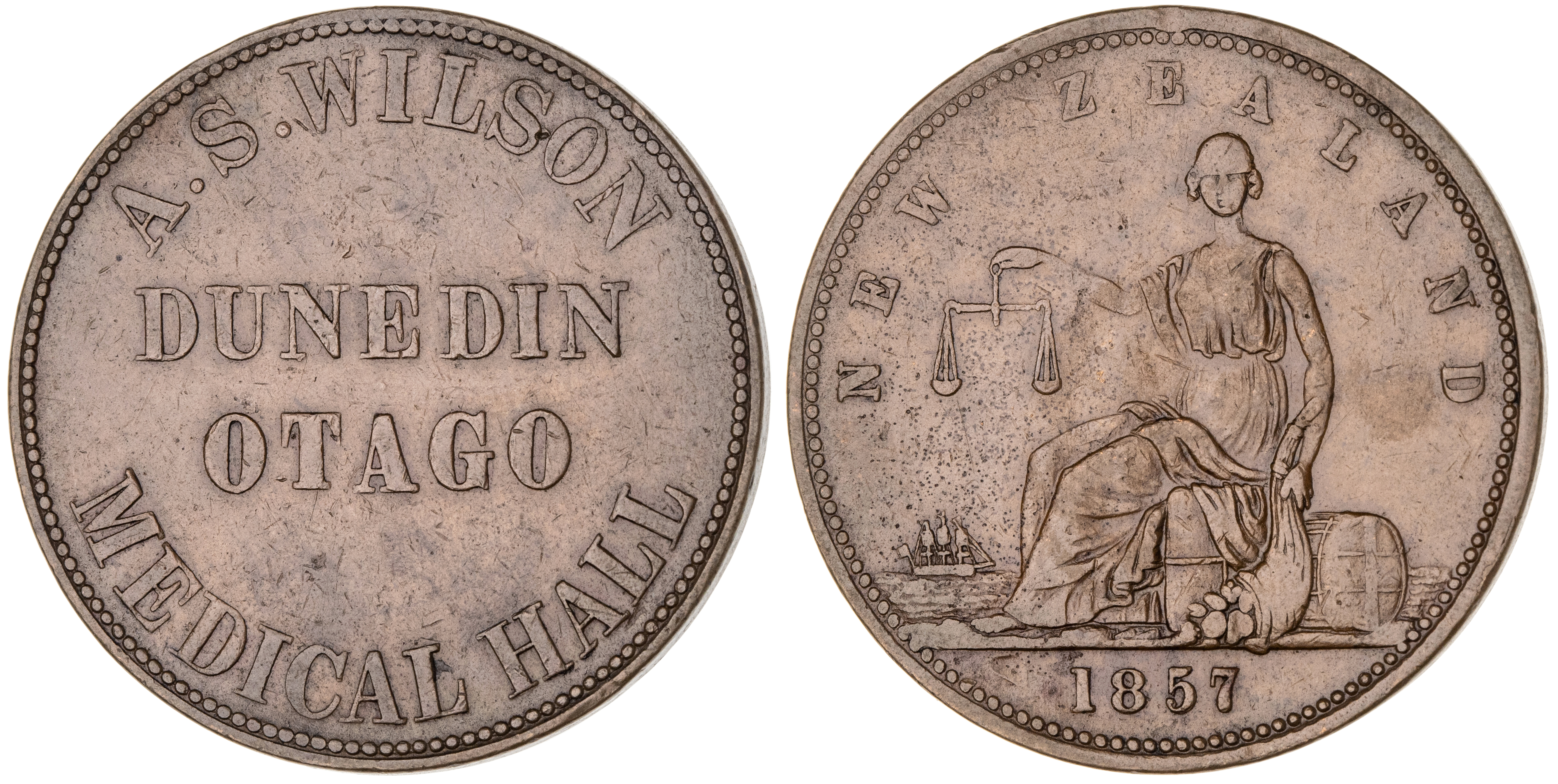 Dunedin, New Zealand, A. S. Wilson, Penny, 1857, gVF