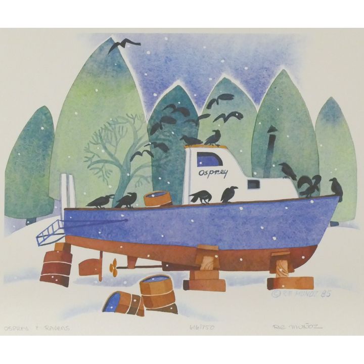 Rie Munoz "Osprey & Ravens" 1985 Signed Print 12" x 13.75" Sheet.