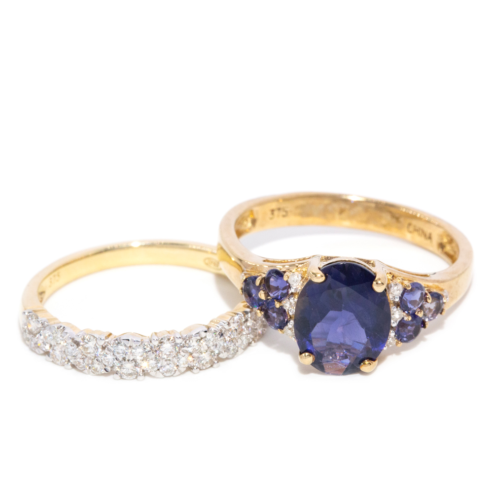 128 · Set of Two 9 Carat Yellow Gold Iolite and Diamond Rings