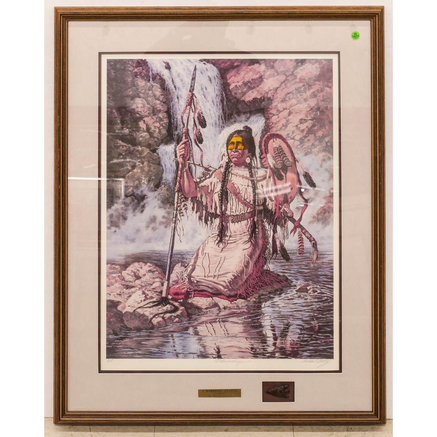 Michael Gentry 'A Warrior's Prayer' Signed Artist Proof Print with Arrowhead- 36x28'' framed