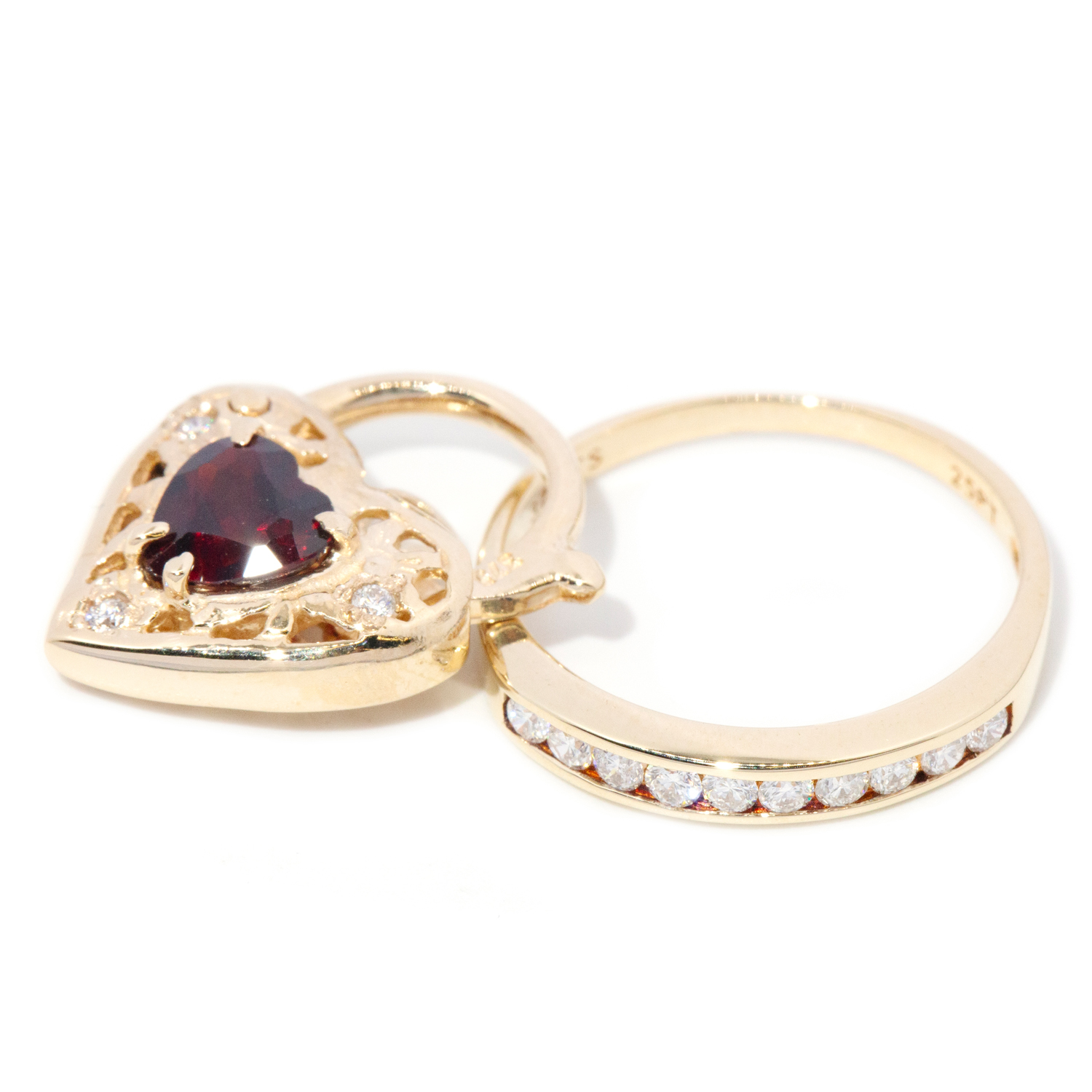 Channel Set Diamond Band & Garnet & Diamond Heart Padlock in 9ct Gold