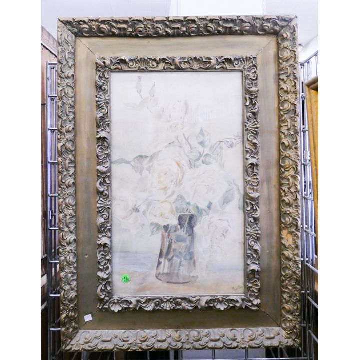 Antique Vase of Roses Watercolor Framed- 28x20''