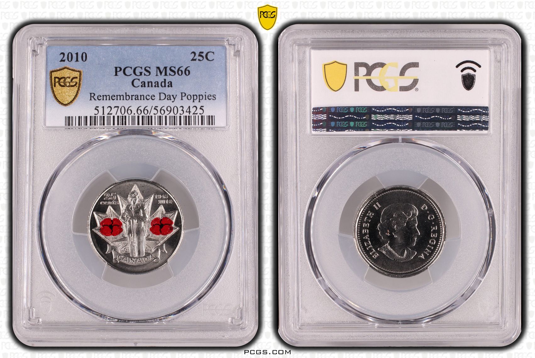 Canada, Remembrance Day Poppies, Twenty Five Cent, 2010, PCGS MS66