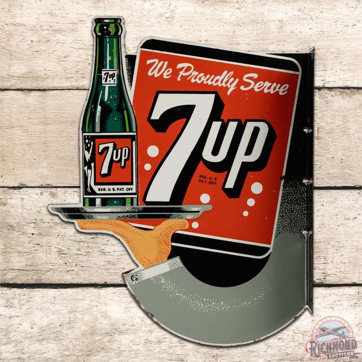 Scarce We Proudly Service 7up Die Cut Double Sided Tin Flange Sign w/ Hand & Bottle