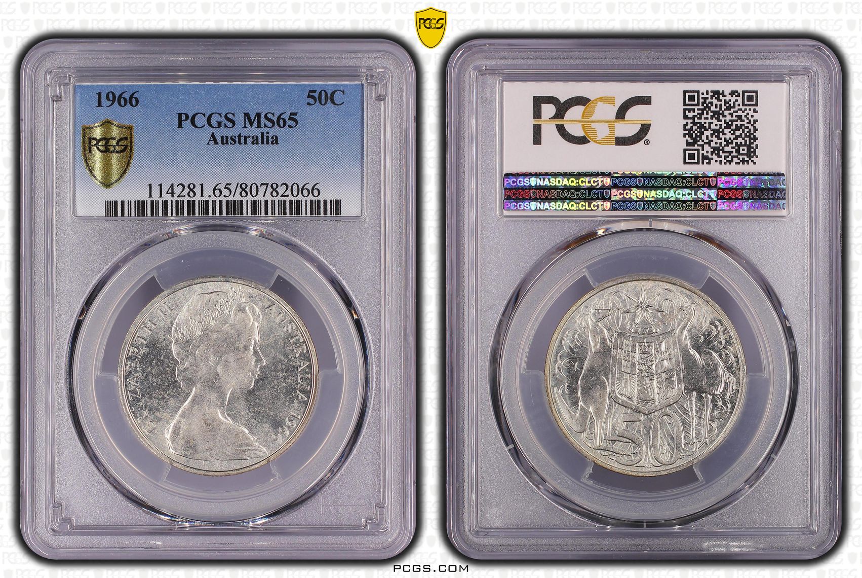 1966 Australia Fifty Cent, 50c Silver PCGS - MS65 -066
