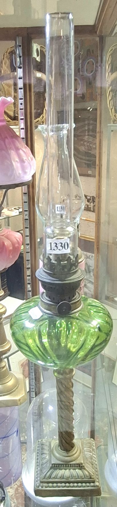 1330 · VINTAGE GREEN GLASS OIL LAMP