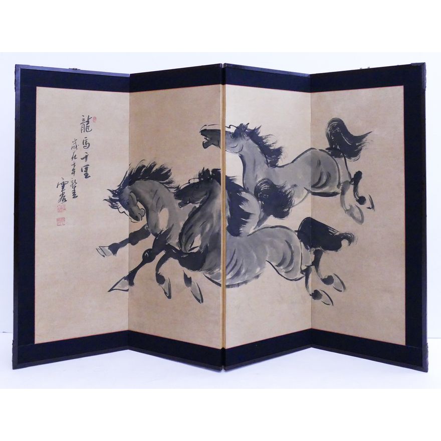 Japanese Painted 4 Panel Screen- Running Horses- 36x54''