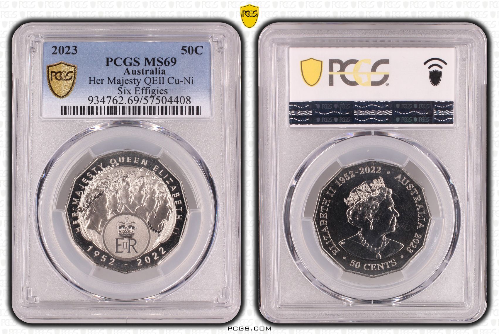 Her Majesty QEII Cu-Ni Six Effigies, Fifty Cent, 2023, PCGS MS69