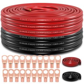 200' 10 GAUGE WIRE (100FT EACH- BLACK/RED) COPPER CLAD ALUMINUM CCA,20 PCS LUGS TERMINAL CONNECTORS WITH 3:1 HEAT SHRINK TUBE FOR