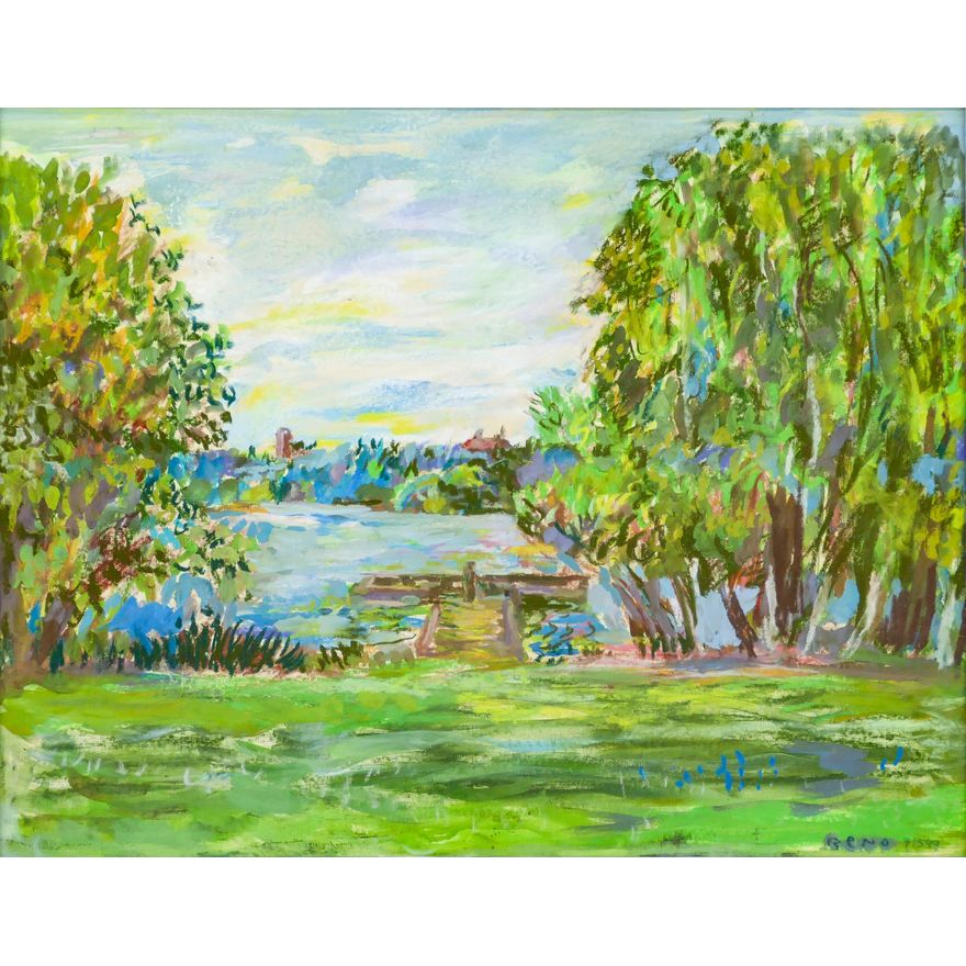 Joe Reno ''Lake View'' Signed 1999 Oil on Paper Framed 22.75''x27.5''