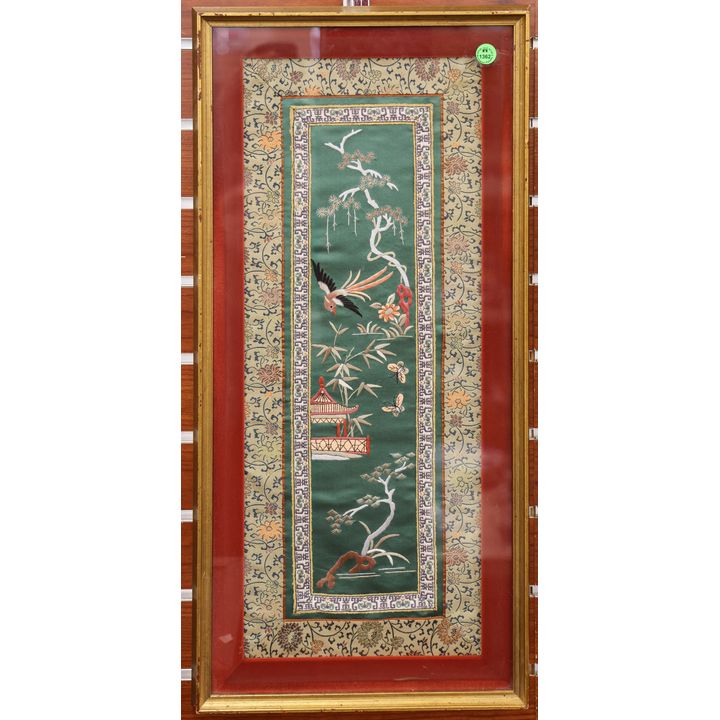 Chinese Silk Embroidered Green Panel Framed 26''x12''