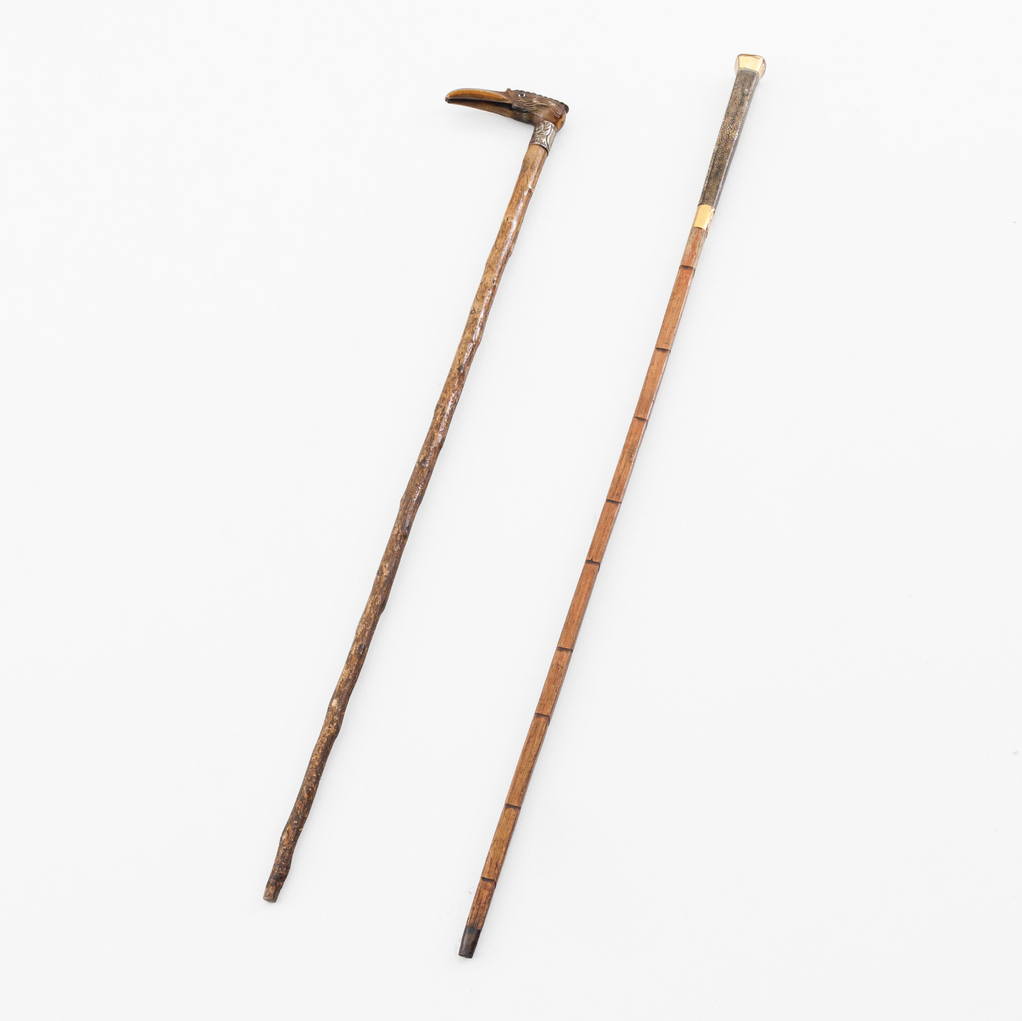 Two walking sticks. 1. Horn handle carved in the shape of an eagle’s head – kavel bij Bernaerts, Antwerp