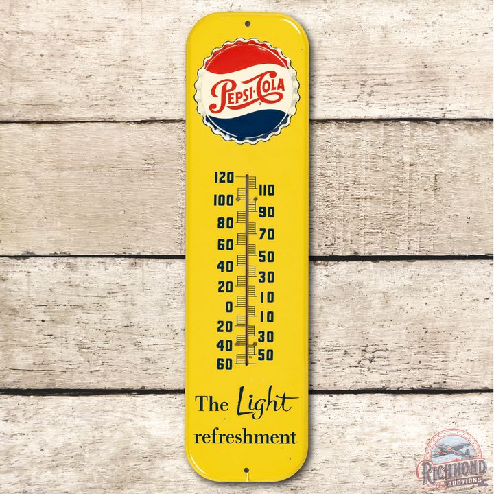 Pepsi Cola Light Refreshment Embossed Tin Thermometer Sign