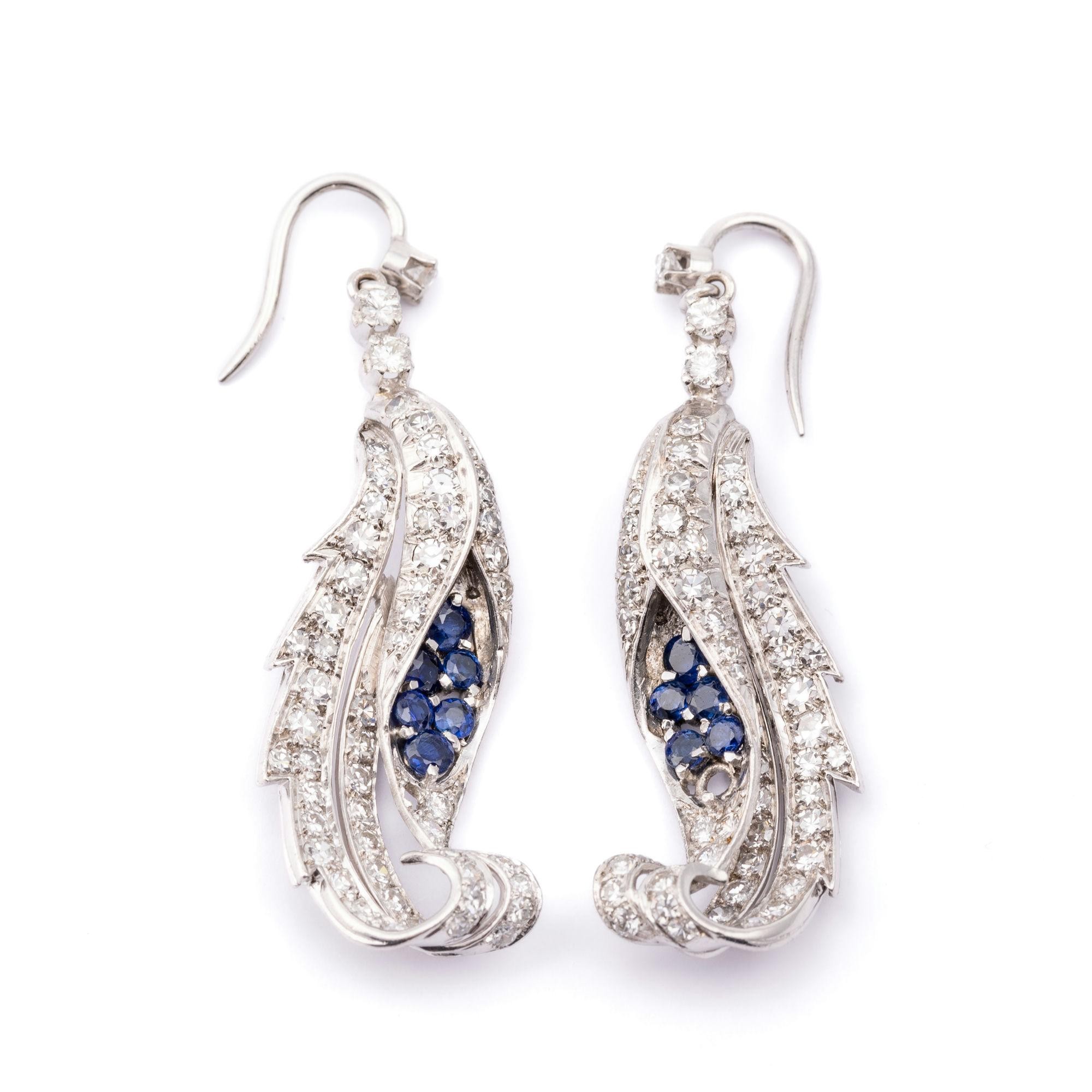 Art Deco Diamond & Sapphire Drop Earrings 10ct Gold,