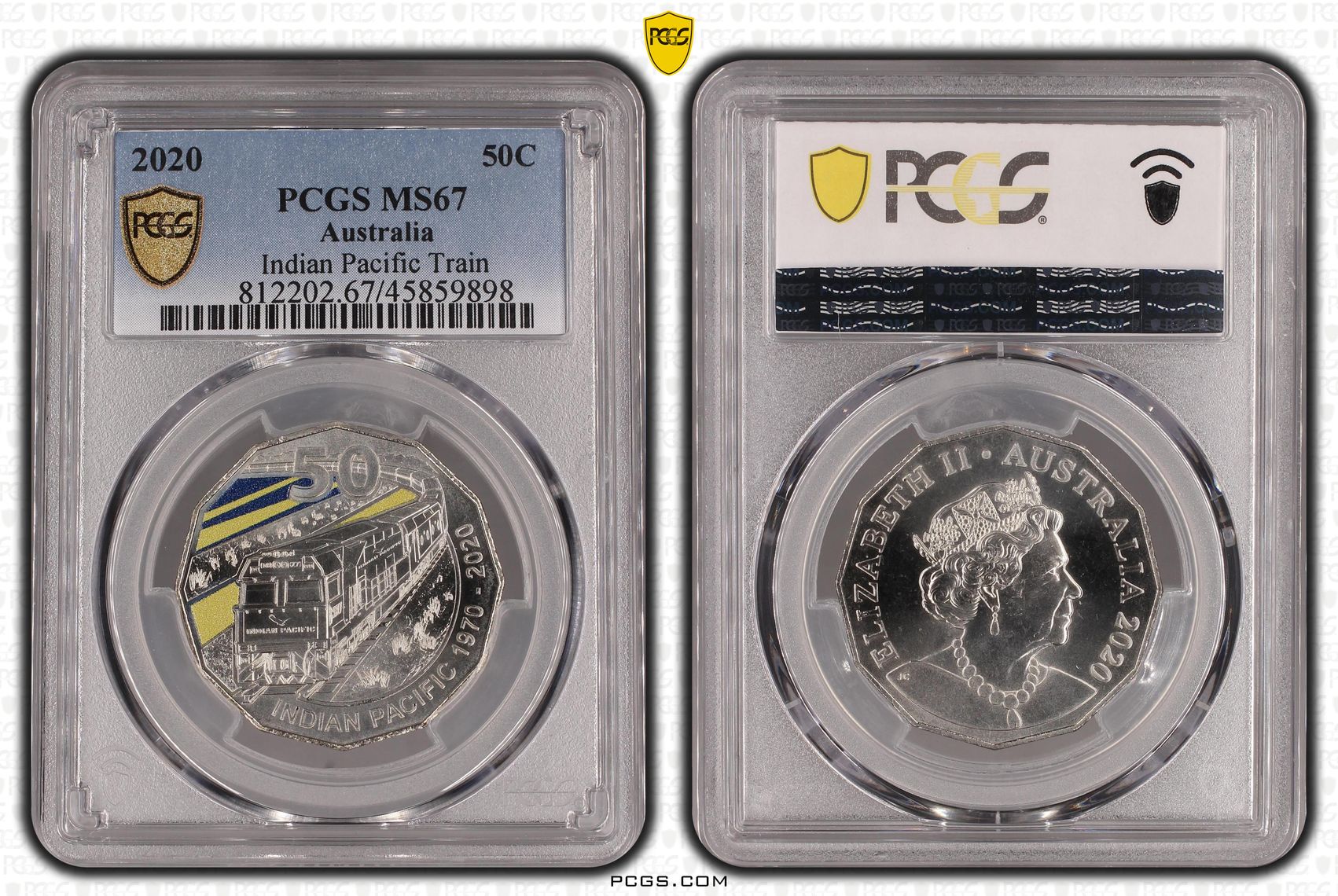 Indian Pacific Train Colourised, Fifty Cent, 2020, PCGS MS67
