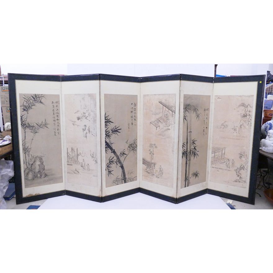 Japanese Meiji 6 Panel Bamboo & Genre Scene Painted Screen- 67x146''- some damage