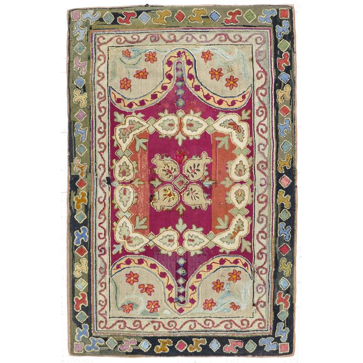 Antique Floral Polychrome Hooked Rag Rug made by Mrs. Henry Cobb of Boston C.1820.- measure 5.5x3.5' approx- some damage and repairs