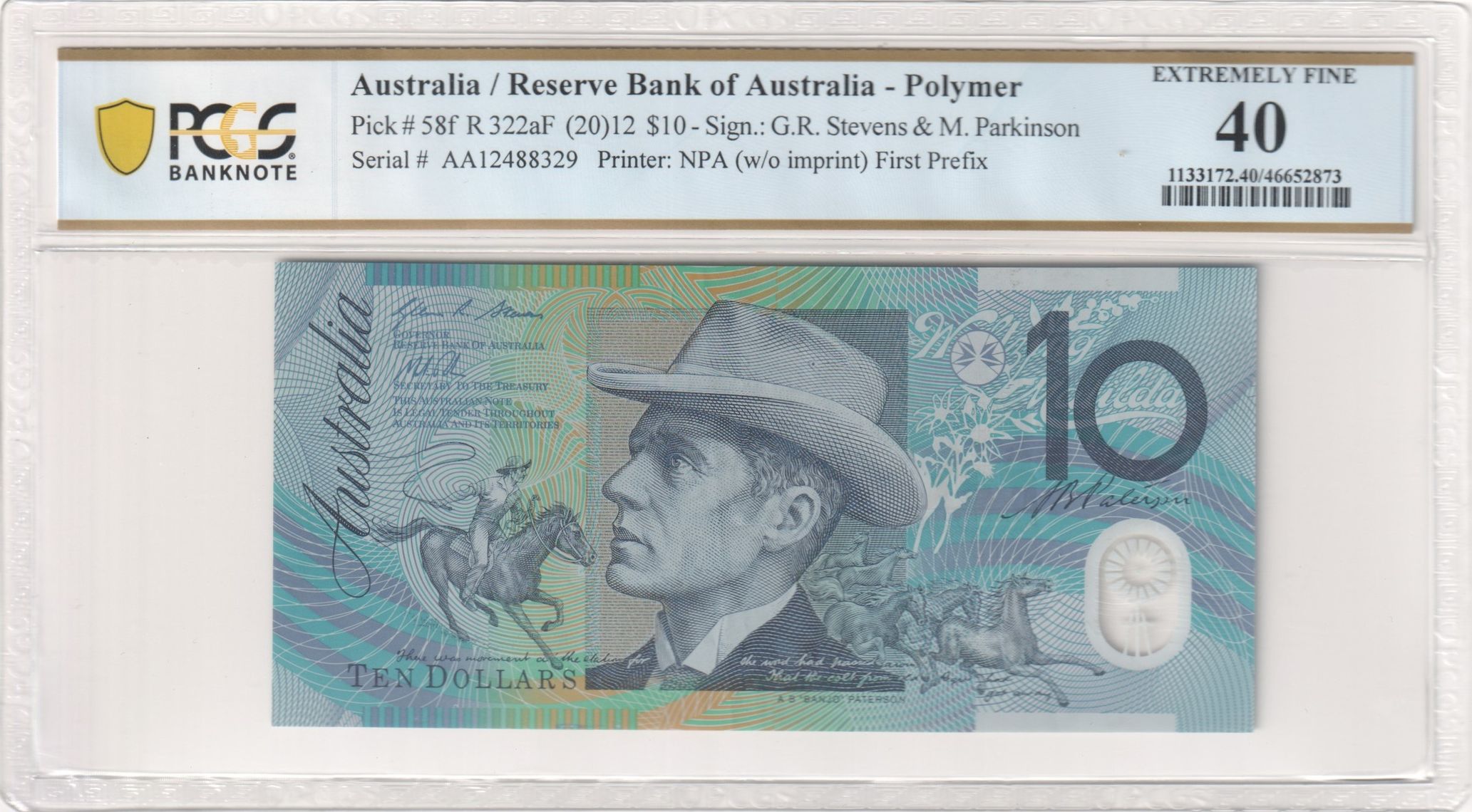 Stevens/Parkinson, First Prefix, Ten Dollar, 2012, PCGS Extremely Fine 40