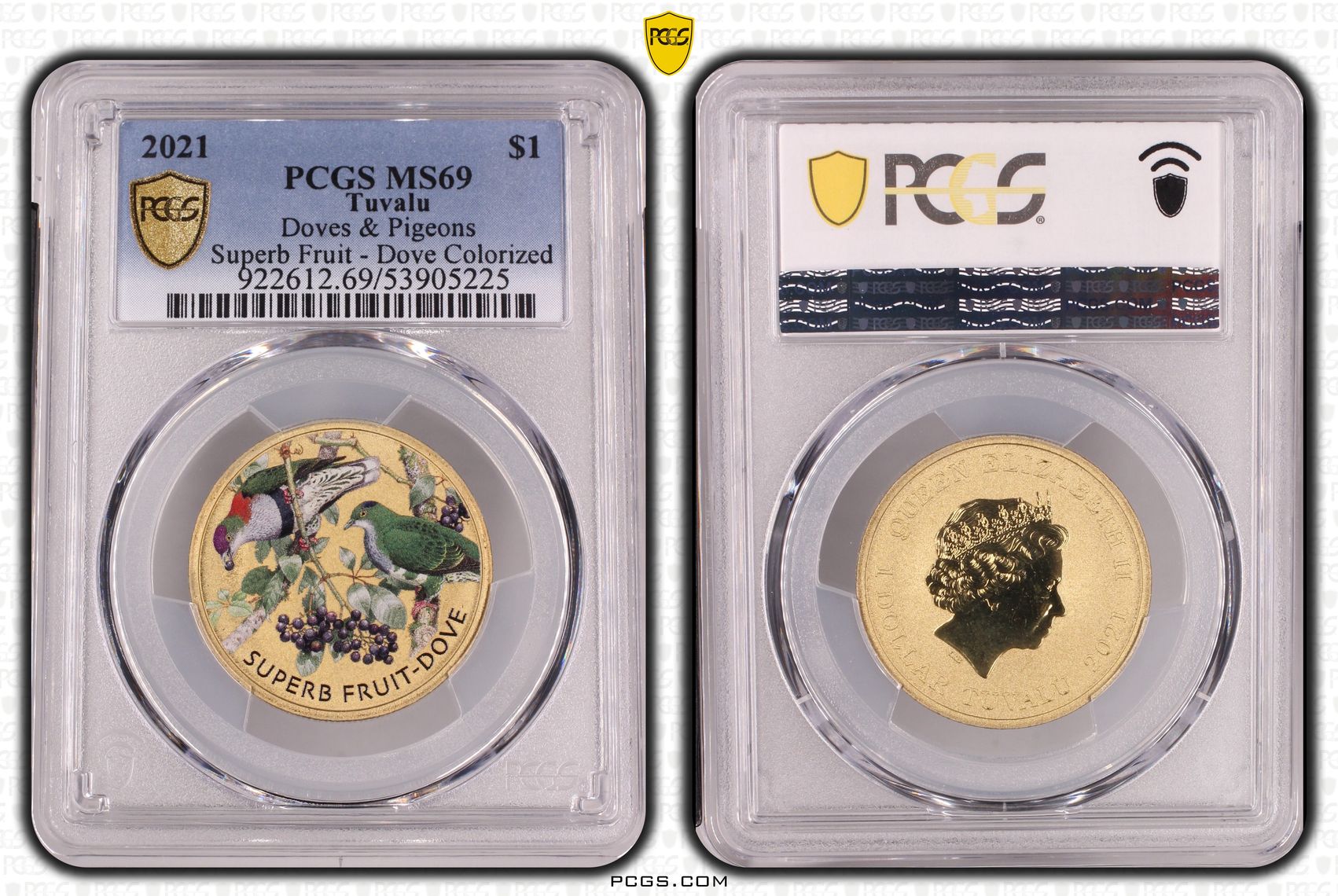 Tuvalu, Elizabeth II, Doves & Pigeons Superb Fruit - Dove Colourised, 16/0, One Dollar, 2021, PCGS MS69