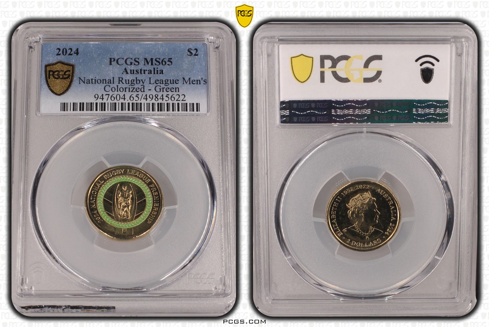 National Rugby League Men's Colourised - Green, Two Dollar, 2024, PCGS MS65