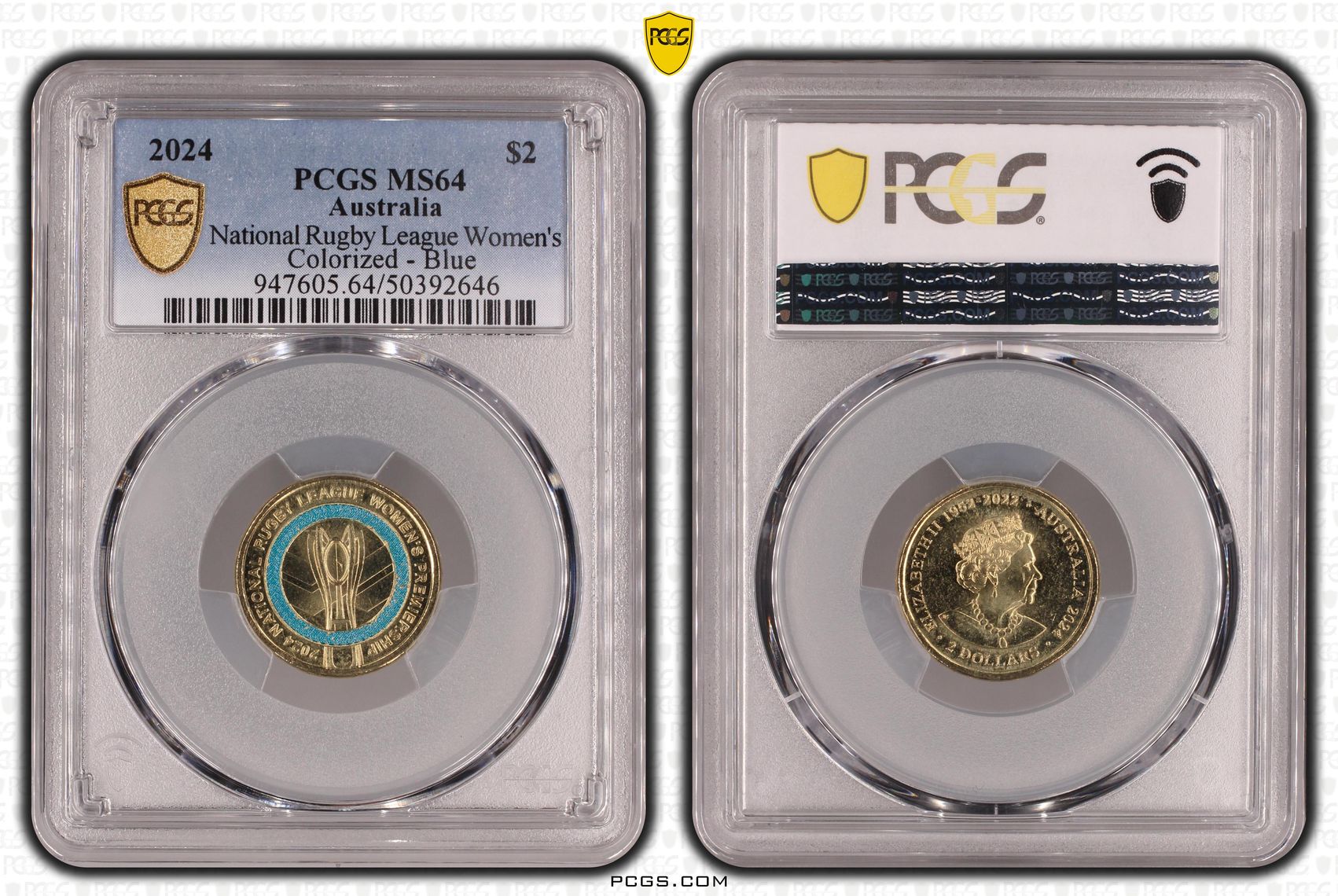 National Rugby League Women's Colorized - Blue, Two Dollar, 2024, PCGS MS64