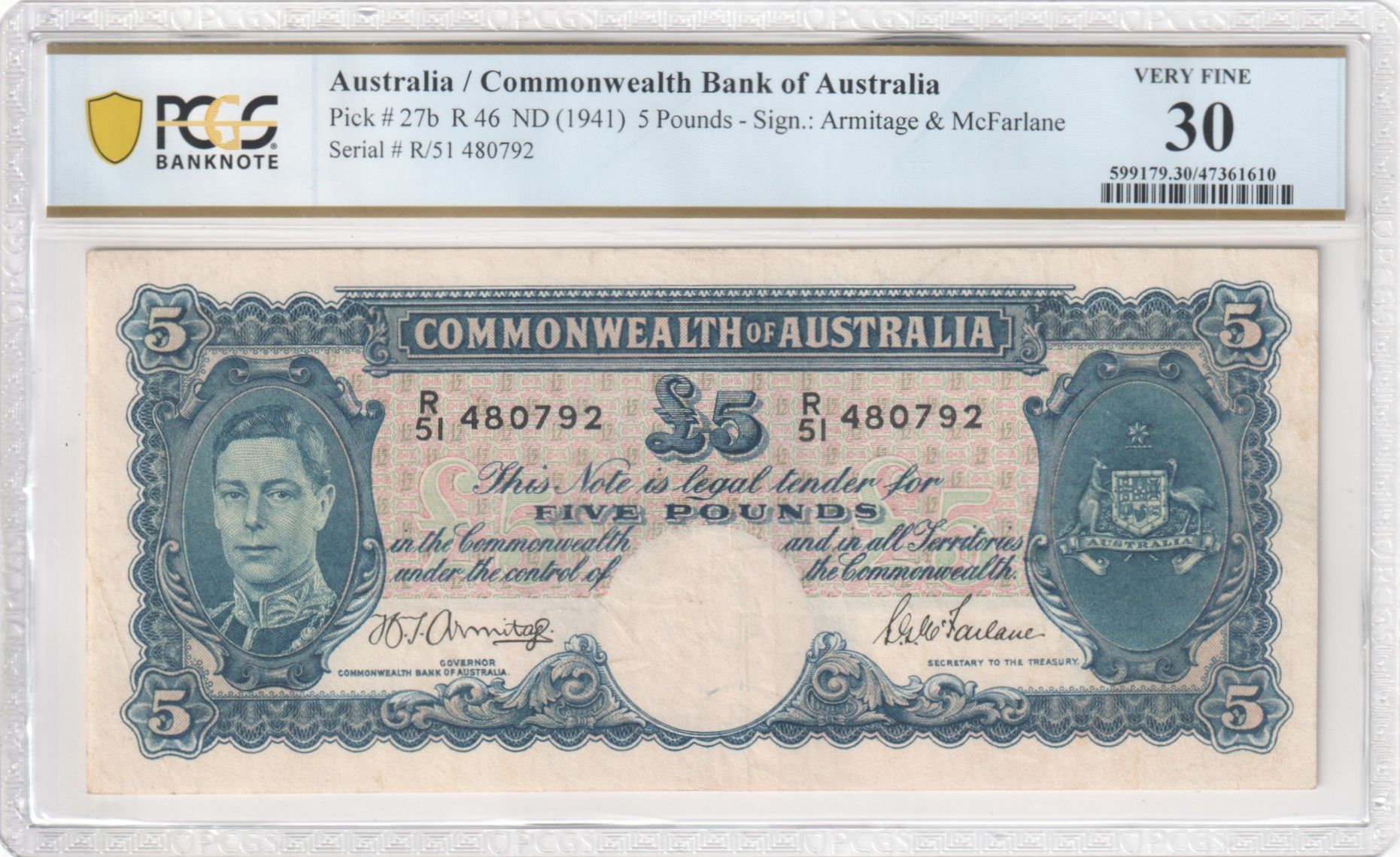 Five Pounds, 1941, PCGS Very Fine 30