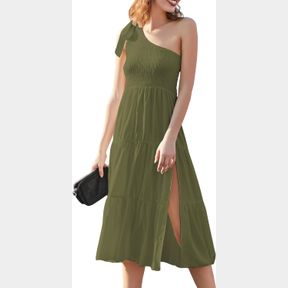 SDEER WOMEN'S SEXY ONE SHOULDER MIDI DRESS SUMMER CASUAL WRAP RUCHED SIDE SLIT MIDI SWING DRESSES COCKTAIL PARTY