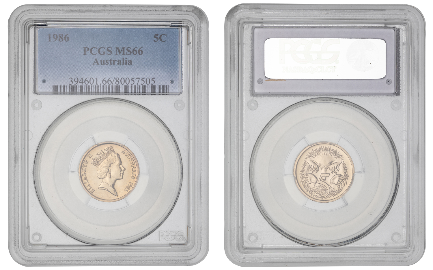 Elizabeth II, Low Echidna, Five Cent, 1986, PCGS MS66