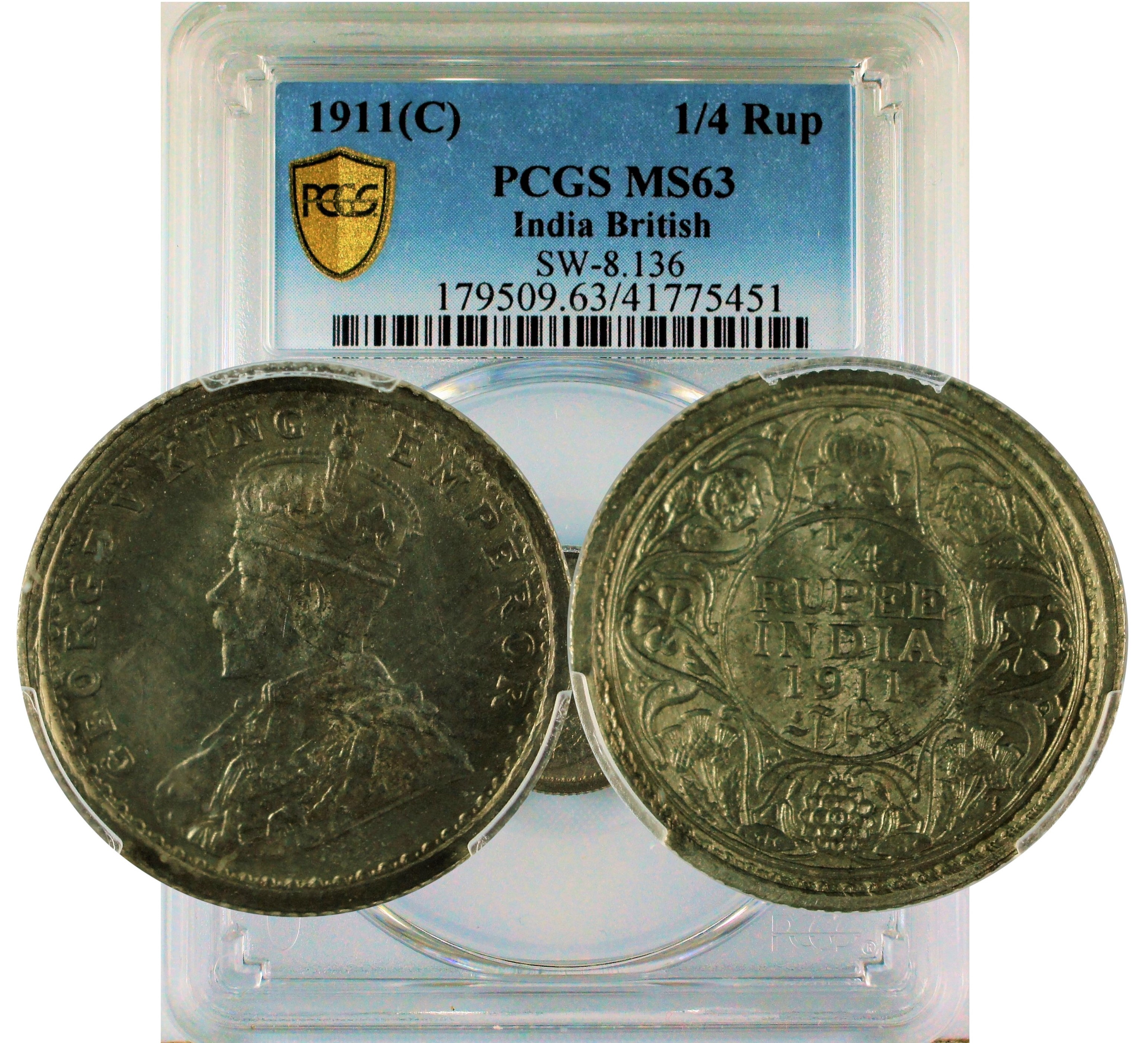 India 1911 C 1/4 Rupee PCGS MS63