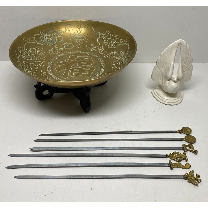Cast Bookend, Brass Bowl on Stand etc