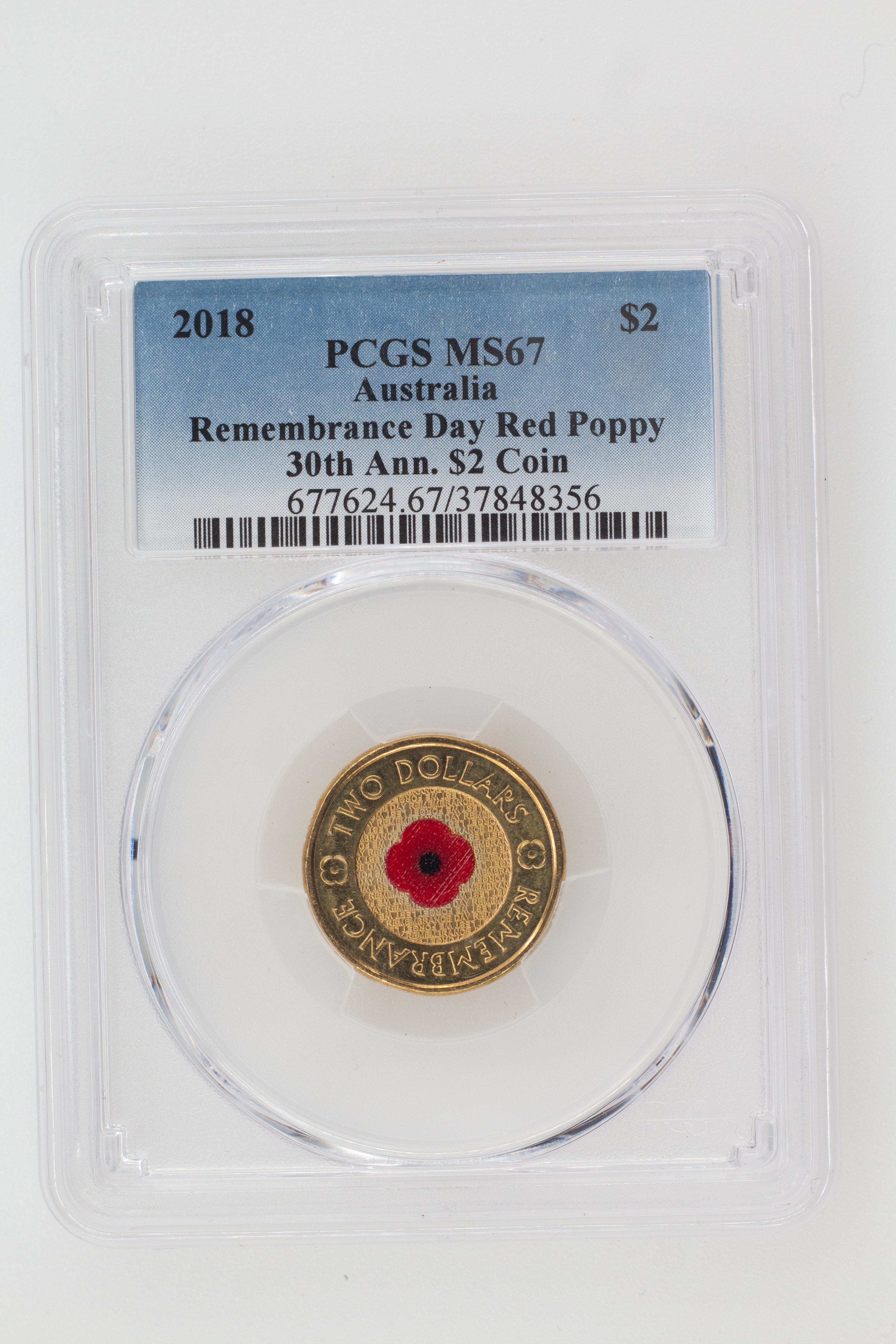 2018 Australia Two Dollar, $2 Remembrance Day Red Poppy 30th Ann. $2 Coin PCGS - MS67 -356