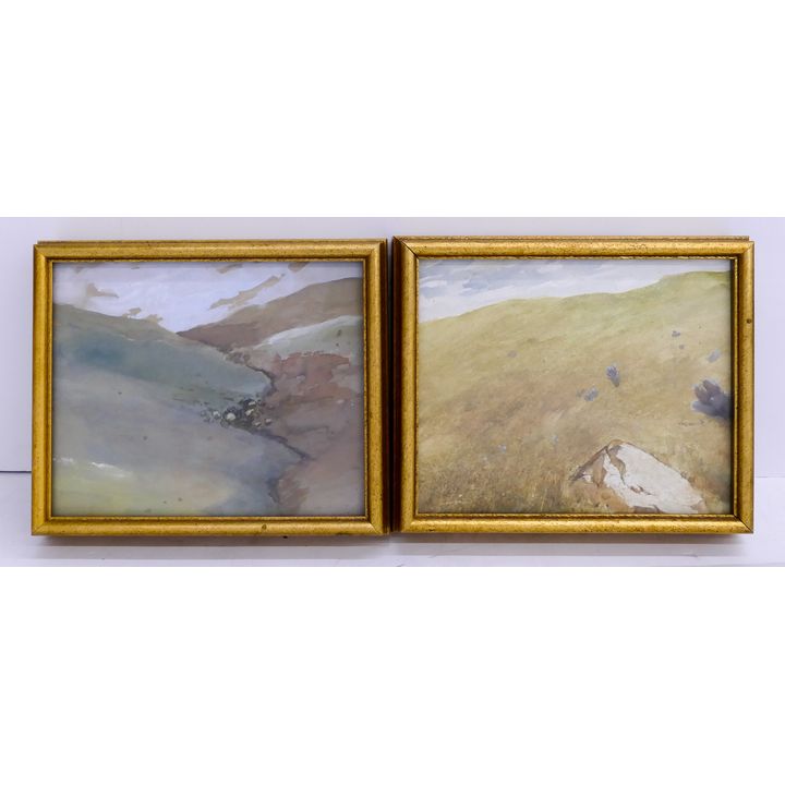 Pair Small David Thornock (WA) Landscape Watercolors. c. 1978. Paintings measure 9x11'' with overall framed measurements of 10x12''.