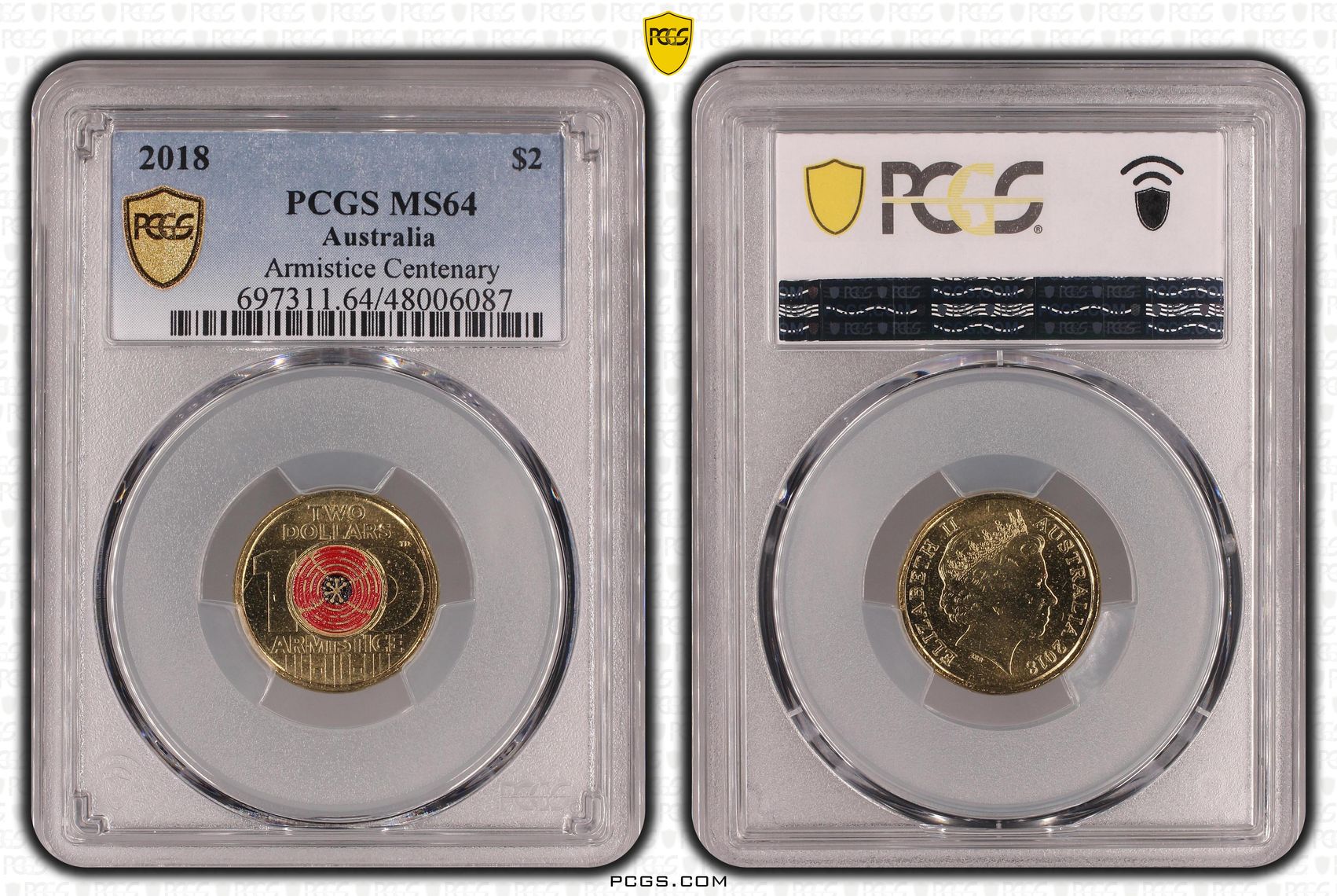 Armistice Centenary Colourised, Two Dollar, 2018, PCGS MS64