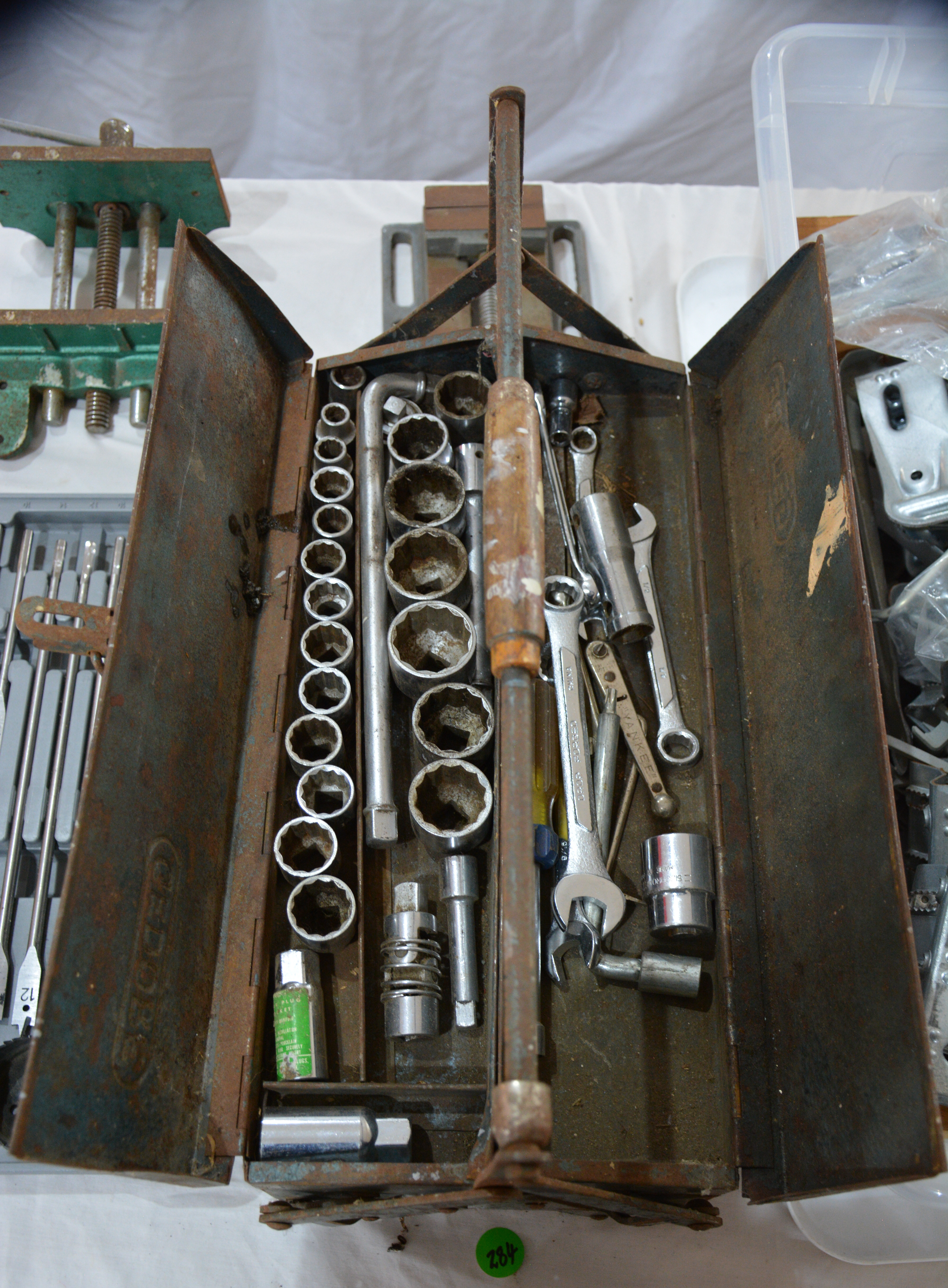Vintage Toolbox and Socket/Wrench Contents etc — sold at auction in New Zealand for $25