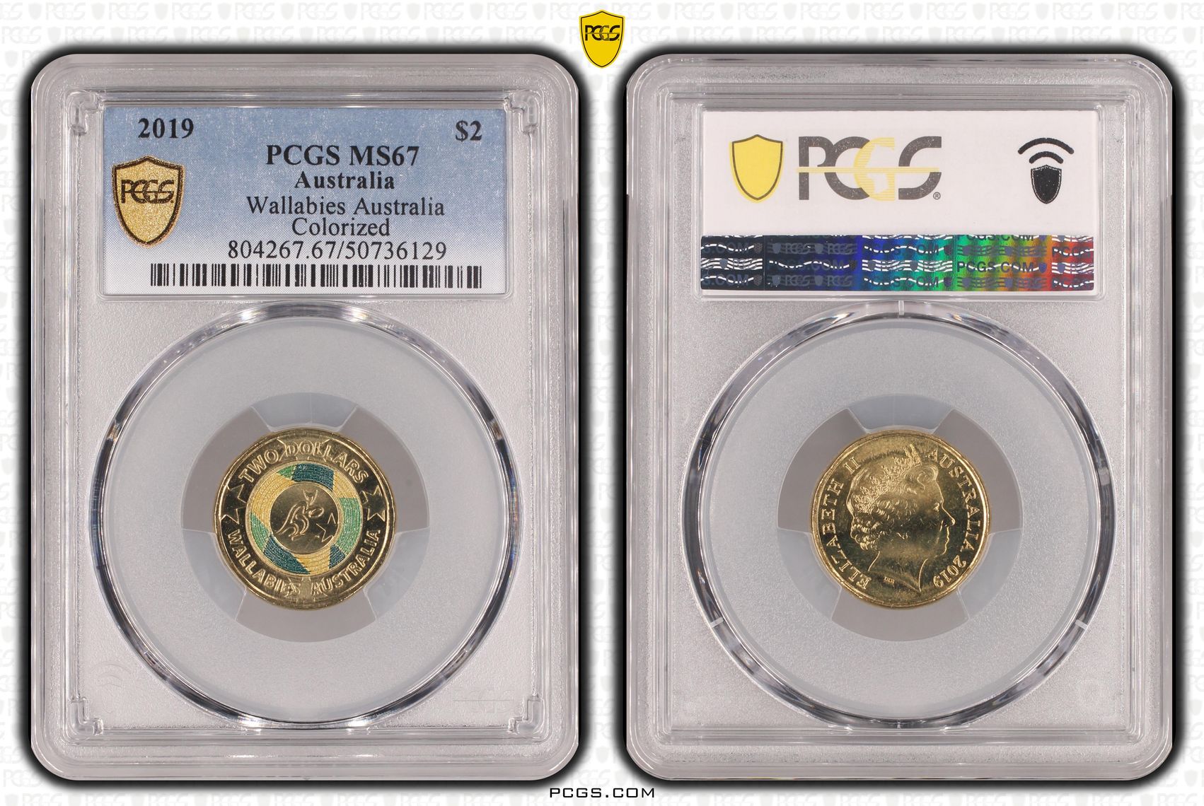 Wallabies Australia Colorized , Two Dollar, 2019, PCGS MS67