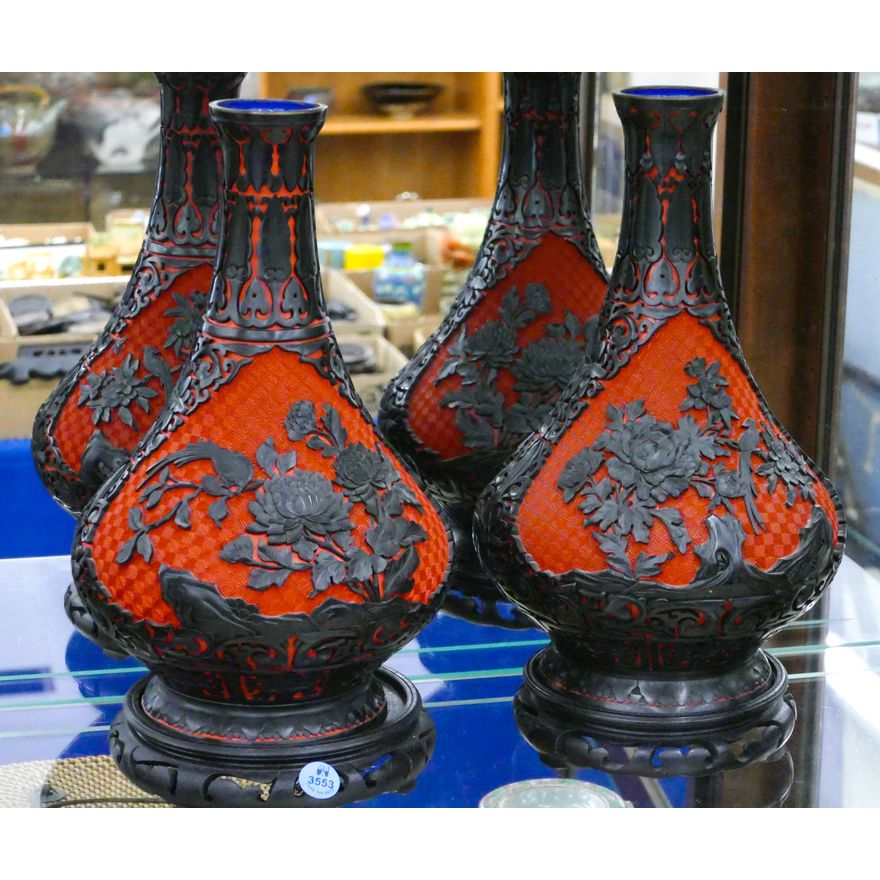 Pair Chinese 2-Color Cinnabar Vases on Stands 13''