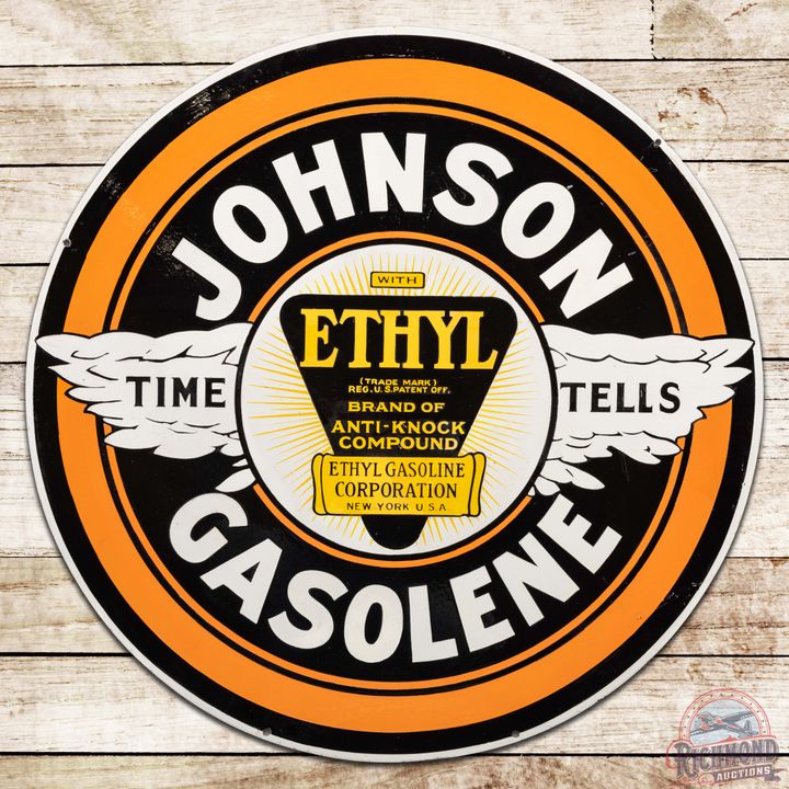 Johnson Ethyl Gasolene 30" DS Porcelain Sign w/ Time Tells Logo