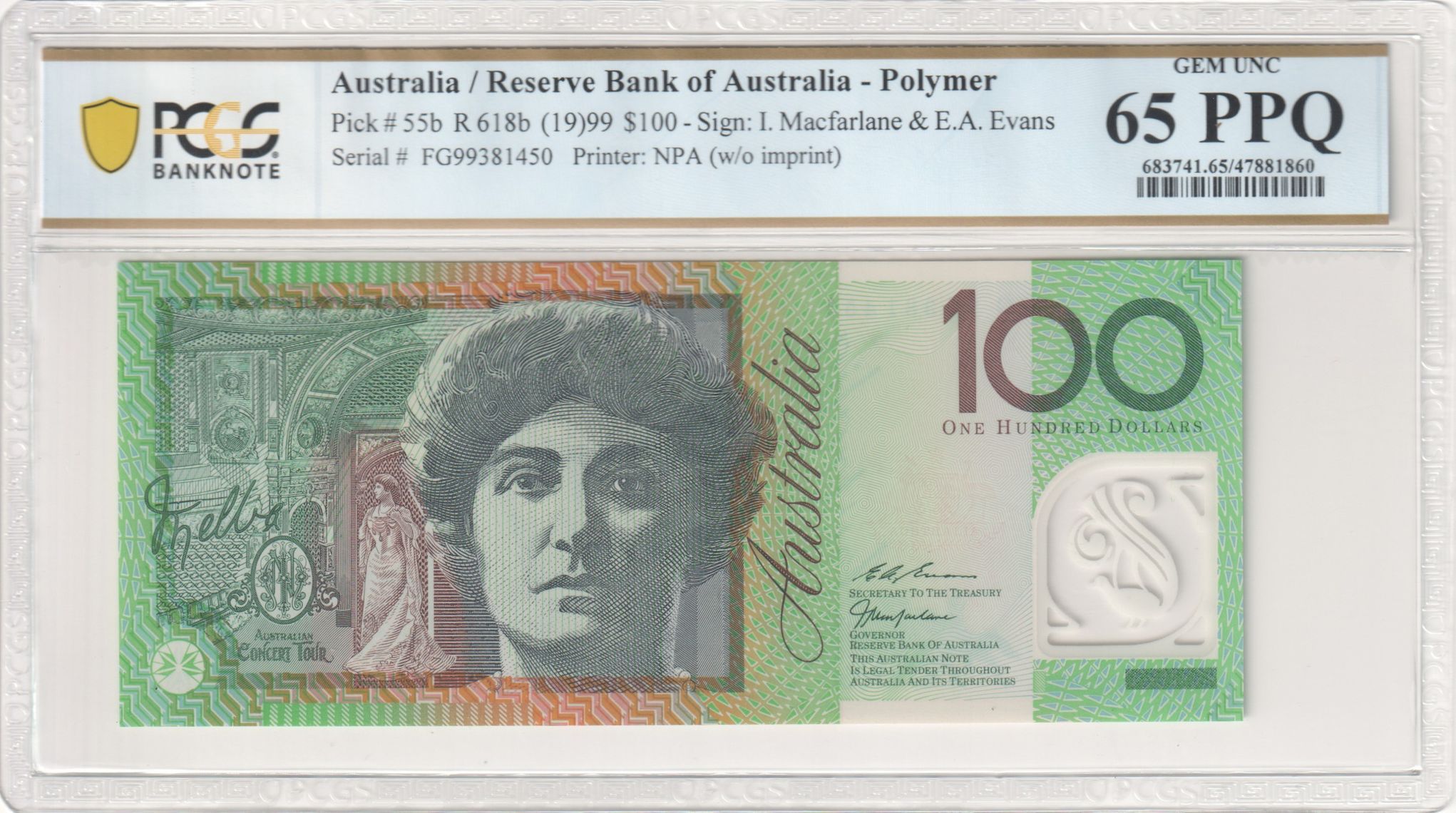 Macfarlane/ Evans, Hundred Dollar, 1999, PCGS Gem UNC 65 PPQ