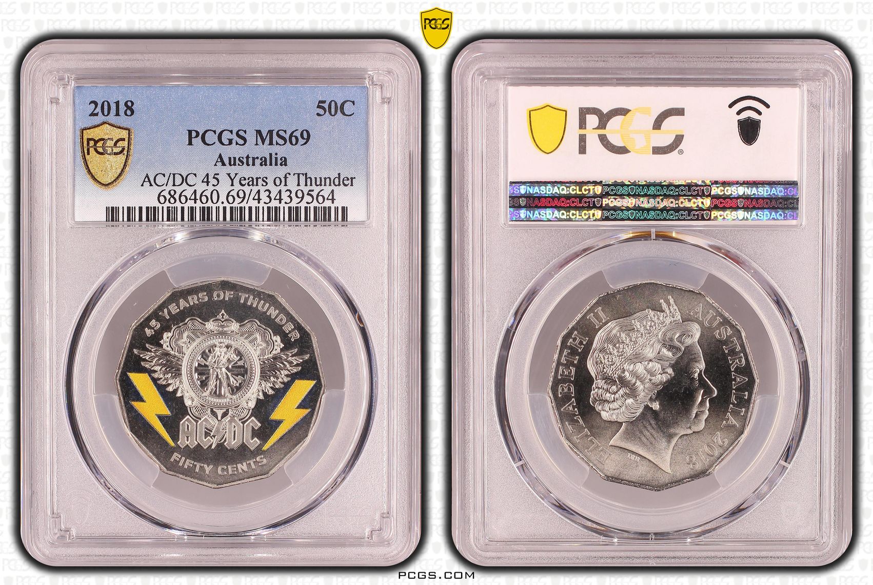 Elizabeth II, AC/DC 45 Years of Thunder, Fifty Cent, MS69 , 2018