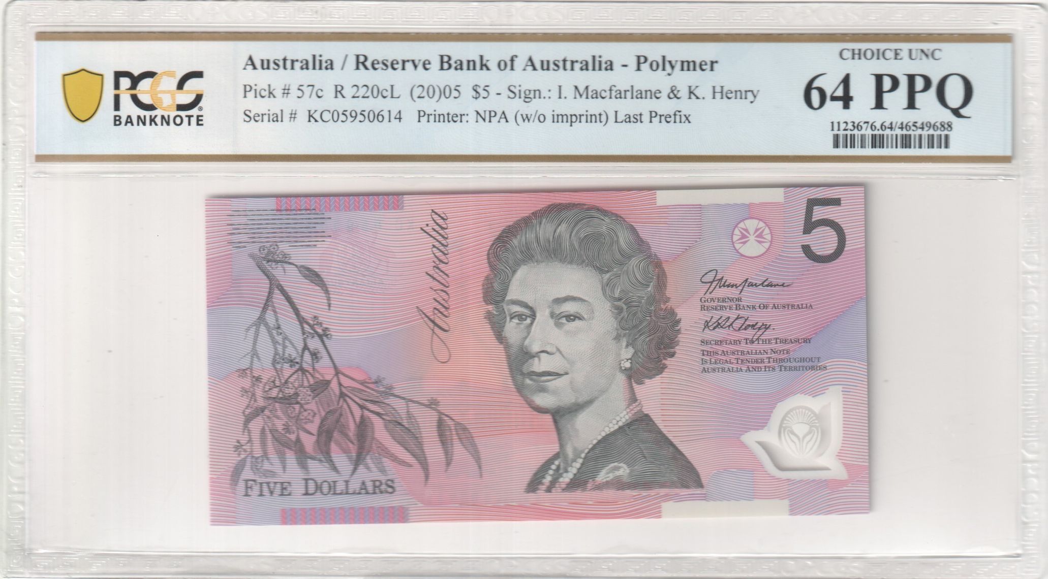 Macfarlane/ Henry, Last Prefix, Five Dollar, 2005, PCGS Choice UNC 64 PPQ