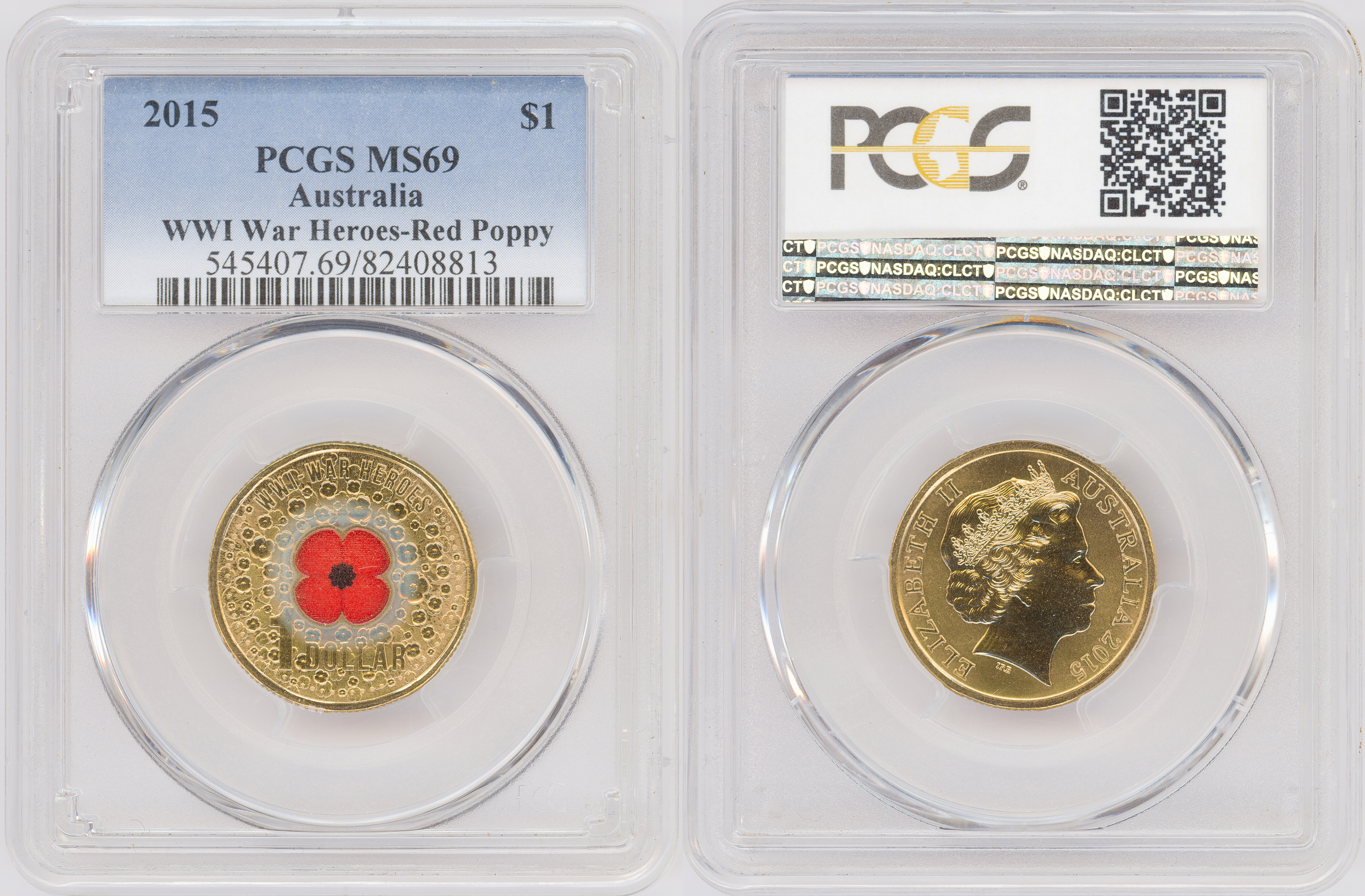 WWI War Heroes-Red Poppy Colorized, One Dollar, 2015, PCGS MS69