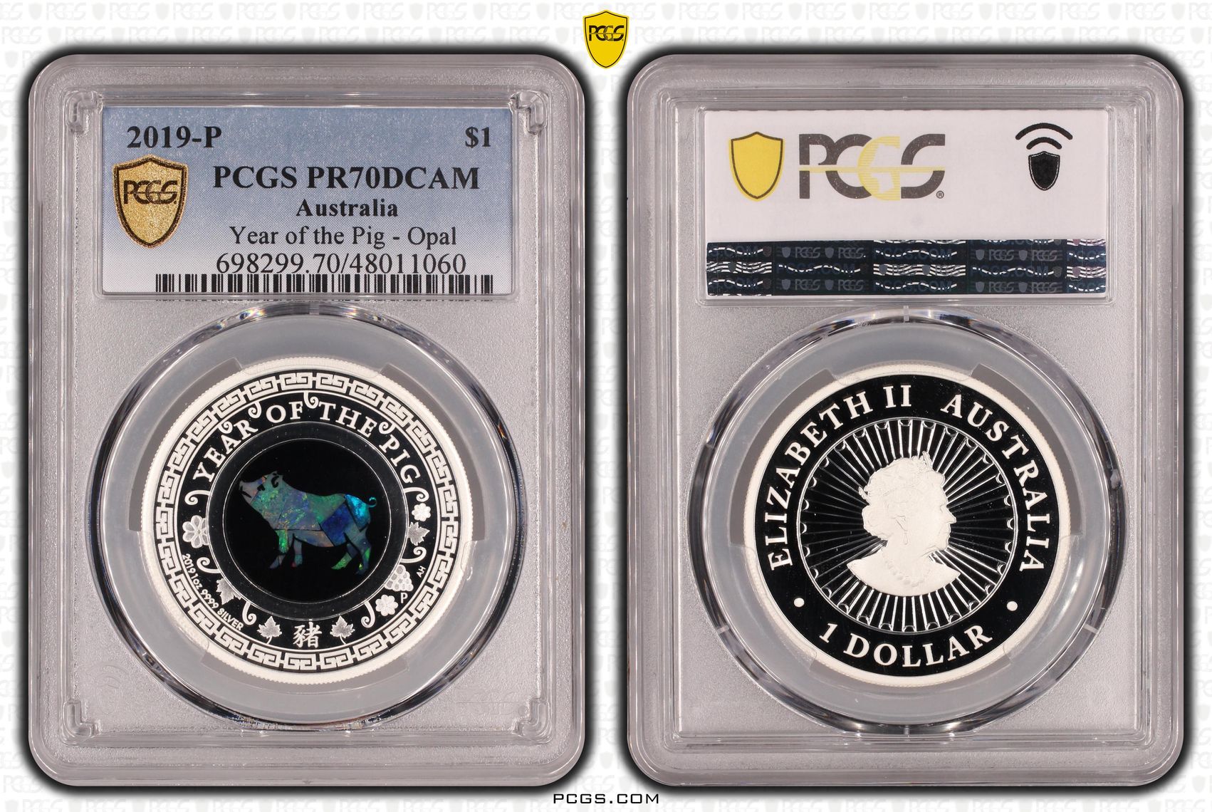 Year of the Pig Opal Ag, POP 1/0, One Dollar, 2019-P, PCGS PR70DCAM
