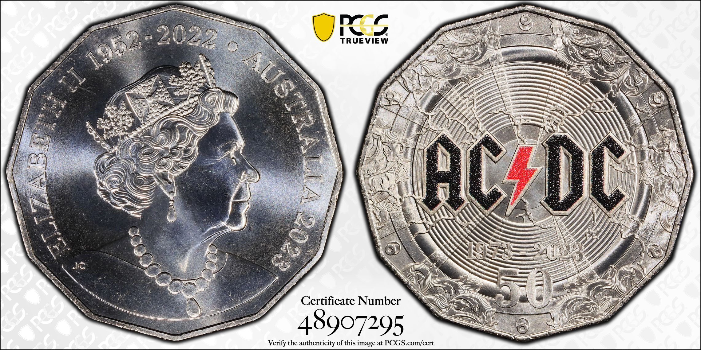 214 · Elizabeth II, AC/DC 50th Anniversary Colourised, Fifty Cent, 2023, PCGS MS69