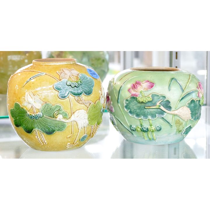 2pc Old Chinese Fahua Lotus Porcelain Jar and Bowl 5'' Approx.